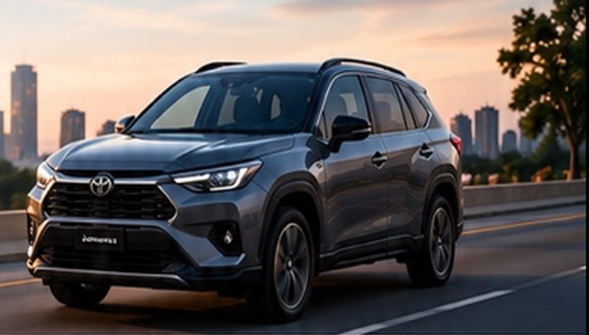 SUV cinza rodando em uma avenida ao entardecer, com prédios da cidade ao fundo