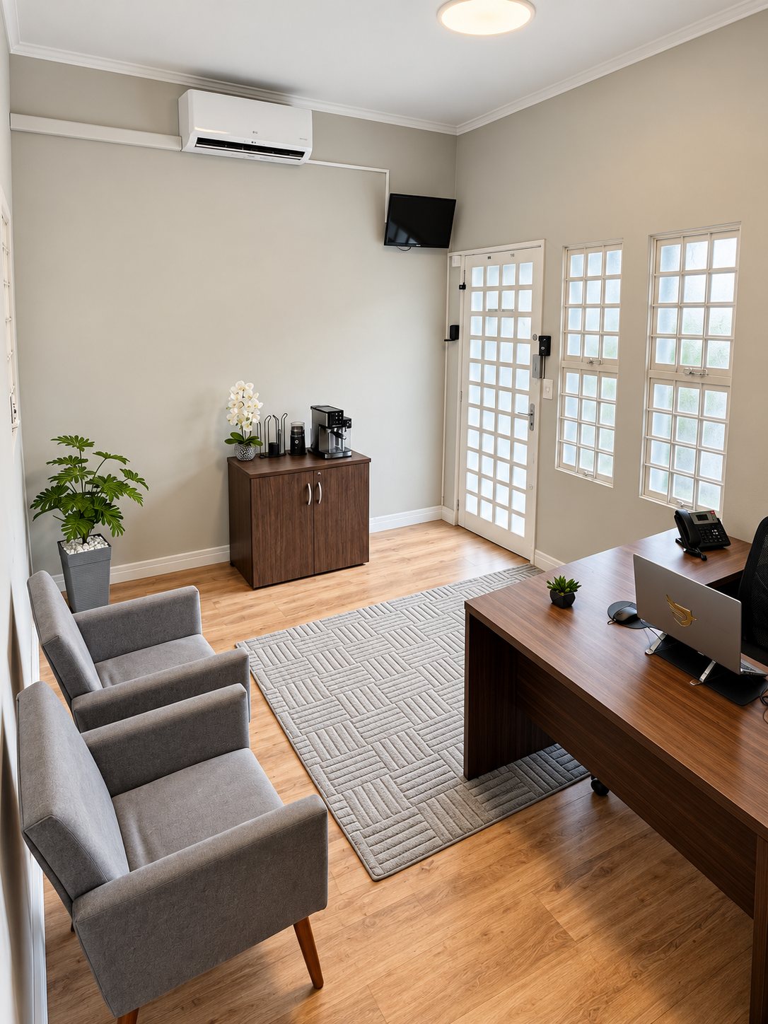 Sala de espera com poltronas, planta e cafeteira